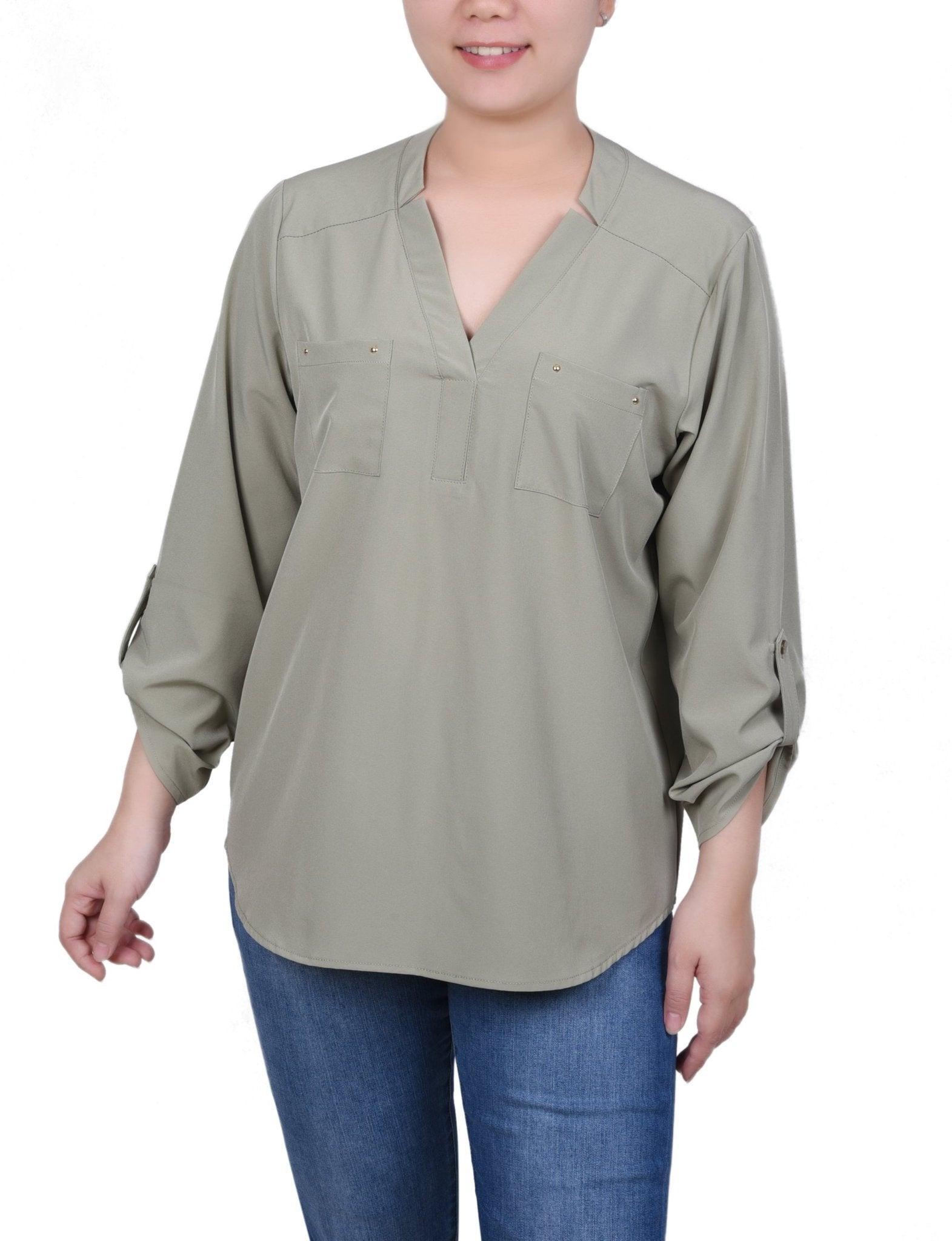 NY Collection Roll Tab Sleeve Blouse with Pockets - Petite Product Image