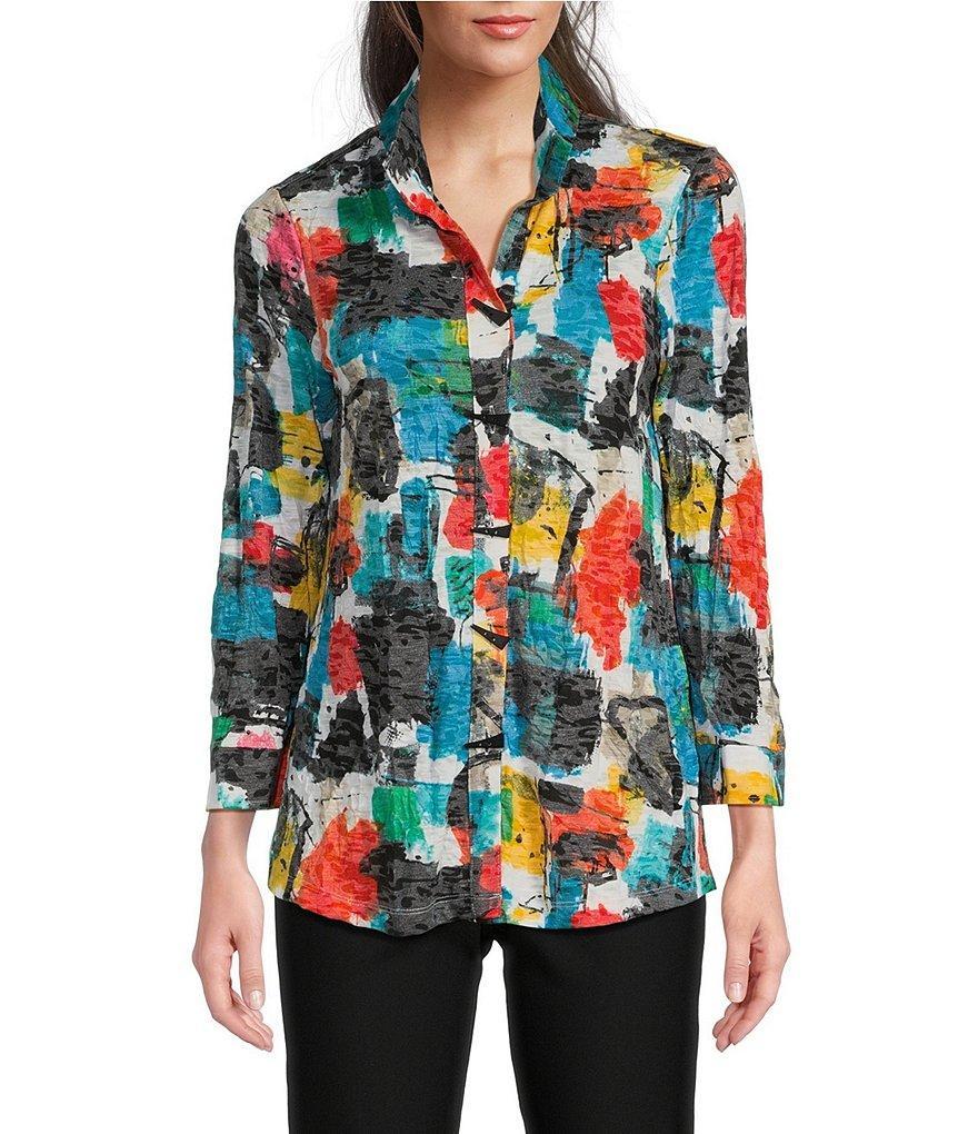 Ali Miles Petite Size Abstract Printed Knit Wire Collar 3/4 Sleeve Button-Front Tunic Product Image