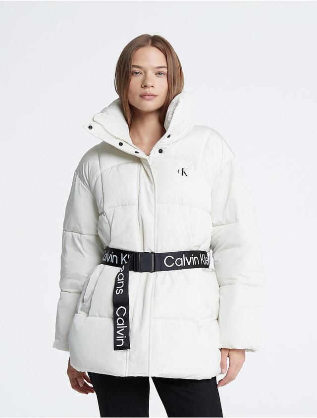 Calvin Klein Womens Belted Long Puffer Jacket - White - XXL Product Image