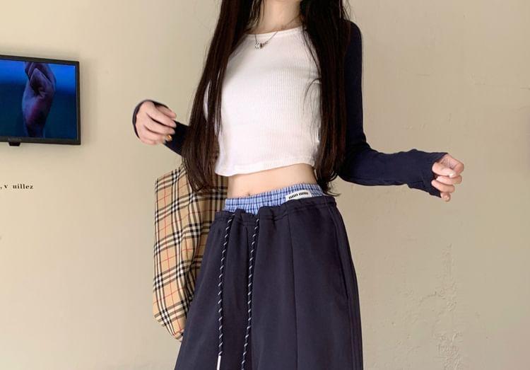 Mid Rise Plain Plaid Panel Wide Leg Pants Product Image