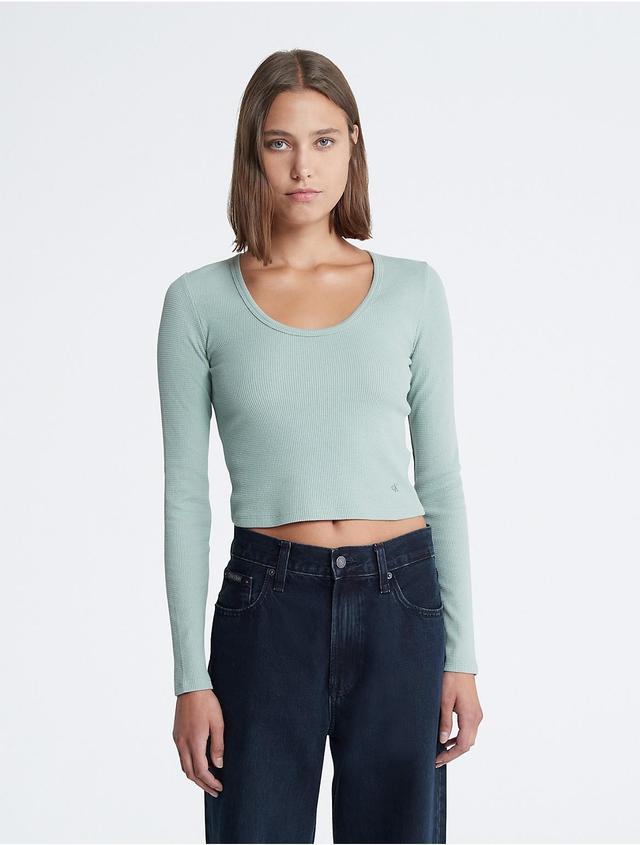 Calvin Klein Womens Waffle Cropped Scoopneck T-Shirt - Green - L Product Image