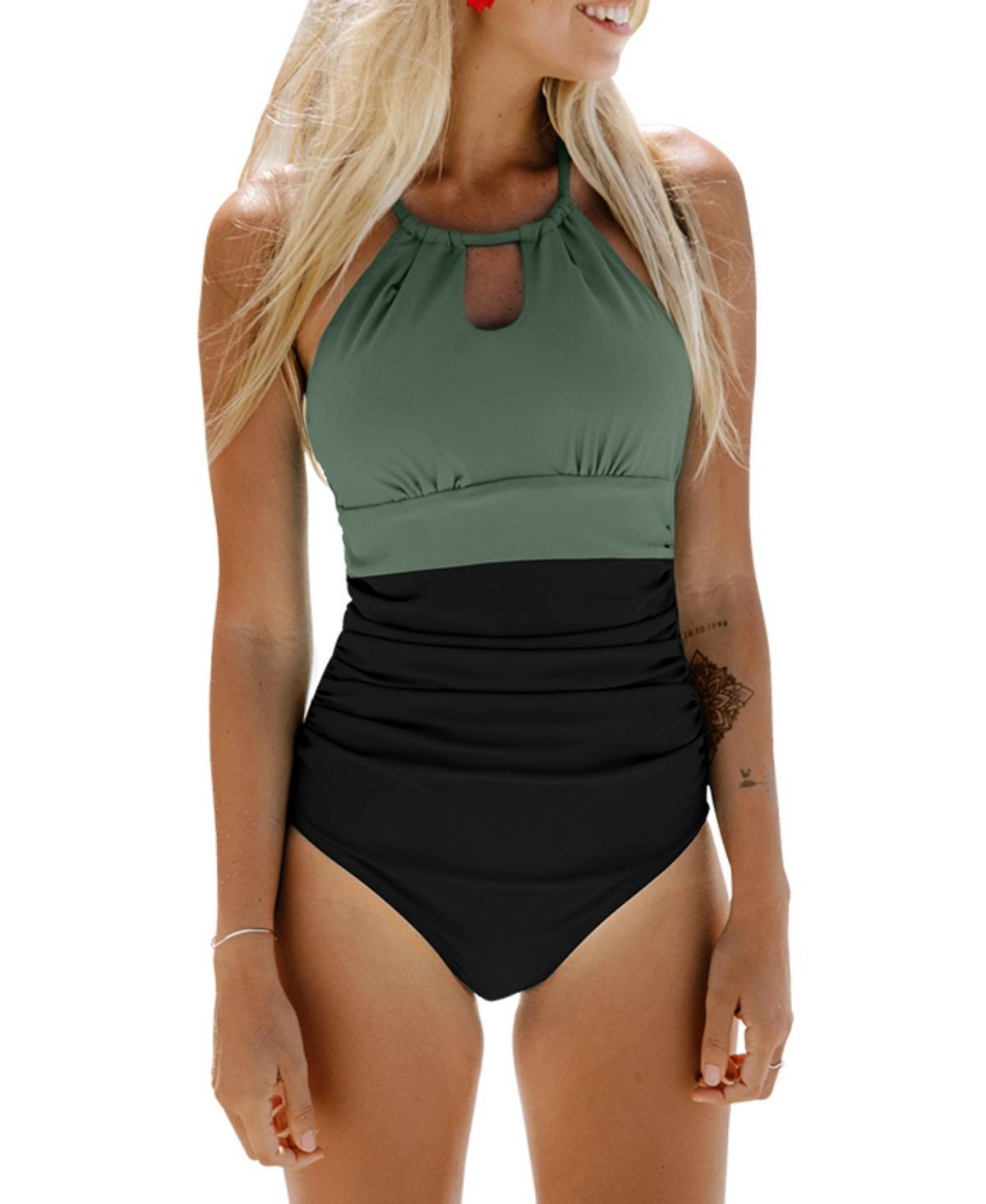 Womens CUPSHE Tummy Control Cutout High Neck One-Piece Swimsuit Black Product Image