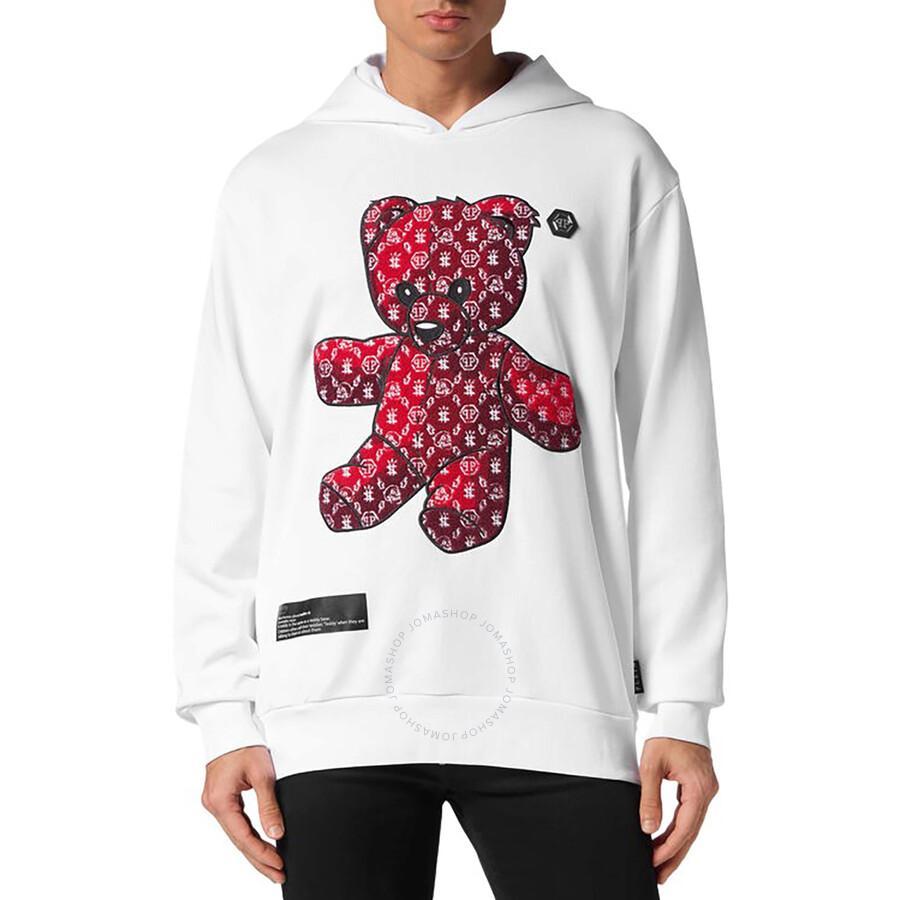 Teddy Bear Embroidered Cotton Fleece Hoodie In White Product Image