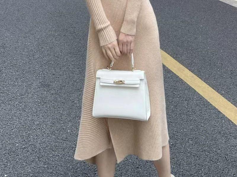 One-Shoulder Long Sleeve Plain Ribbed Midi Knit Dress Product Image