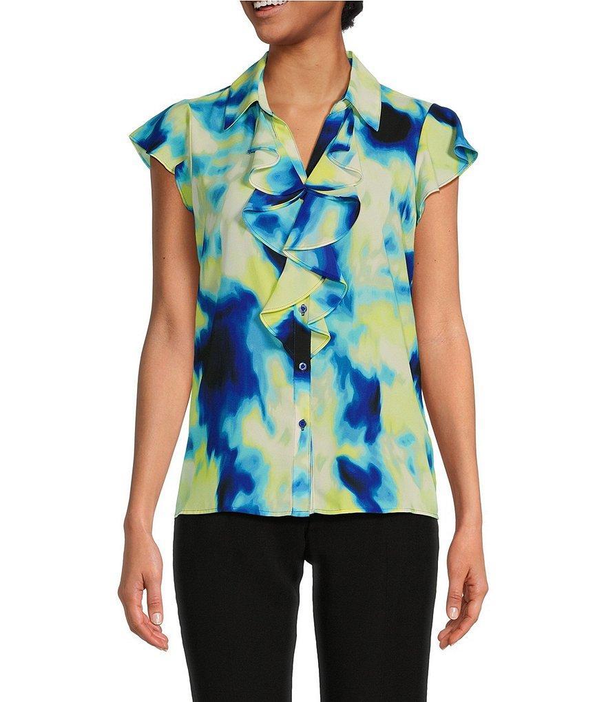 Calvin Klein Printed Collared Ruffle Front Cap Sleeve Button Front Top Product Image