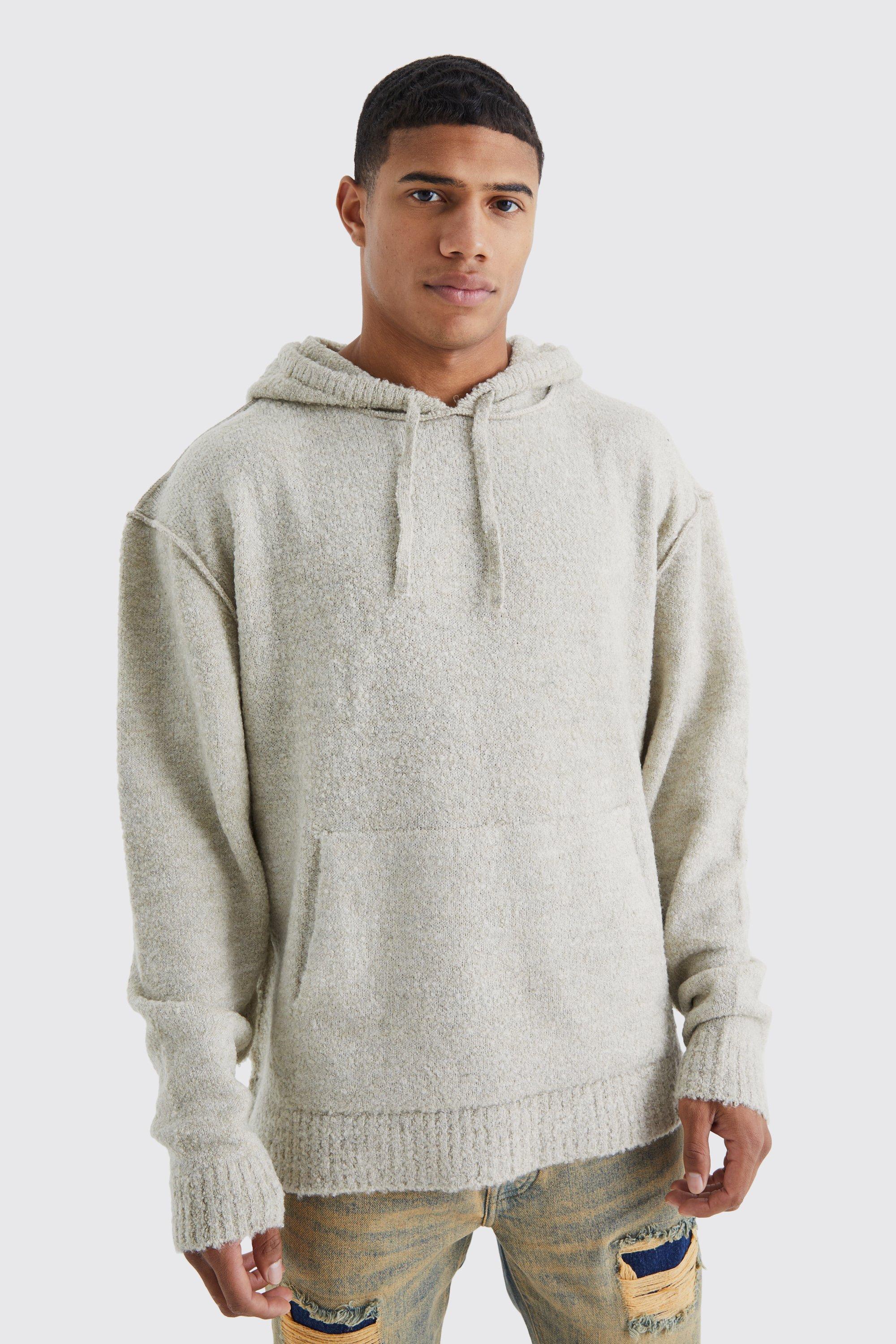 Mens Beige Oversized Boucle Knit Hoodie With Exposed Seams, Beige product image