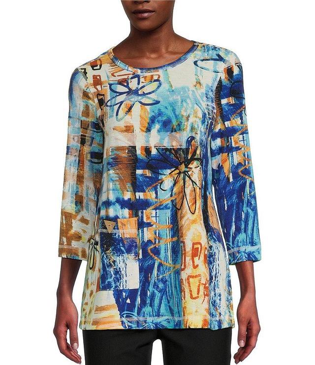 Ali Miles Abstract Print Woven Scoop Neck 3/4 Sleeve Pop Over Tunic Product Image