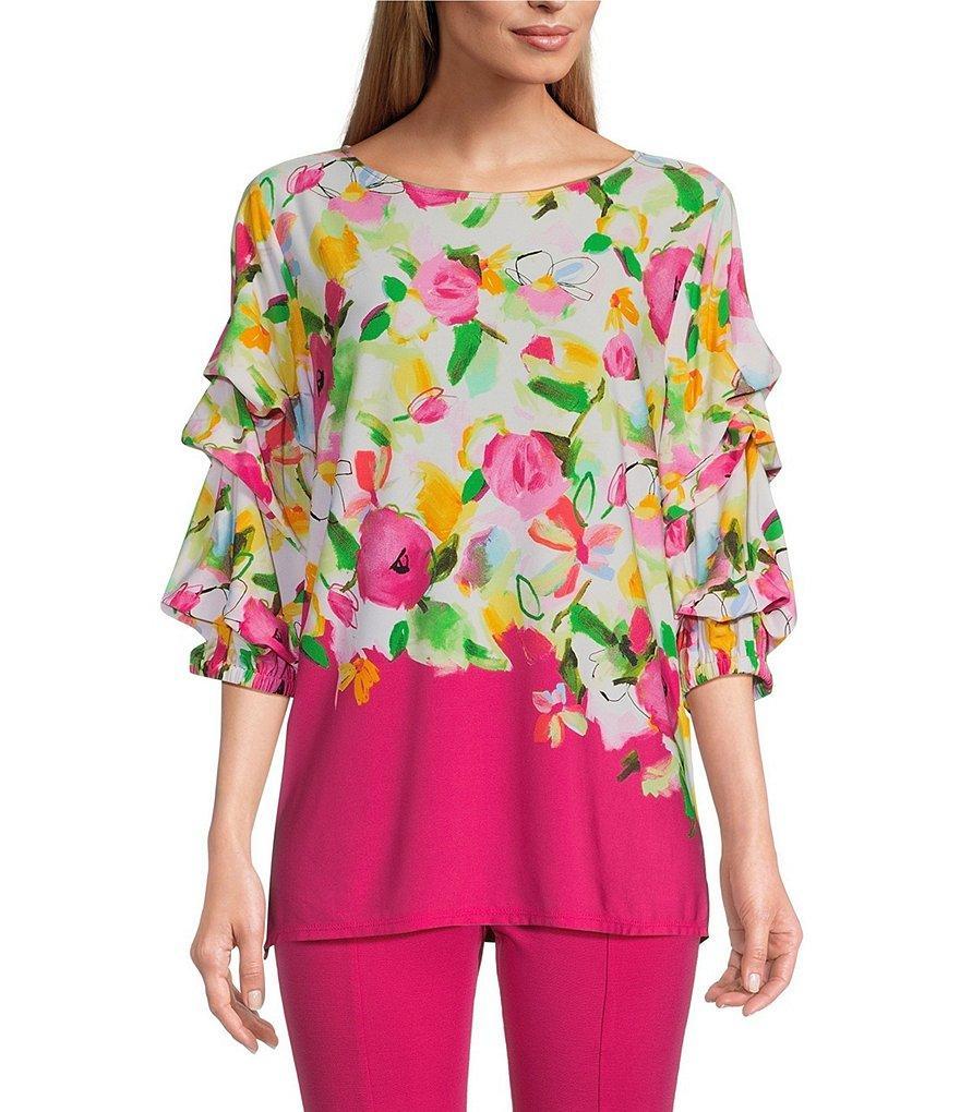 Slim Factor by Investment 3/4 Tiered Sleeve Cascade Floral Knit Top Product Image