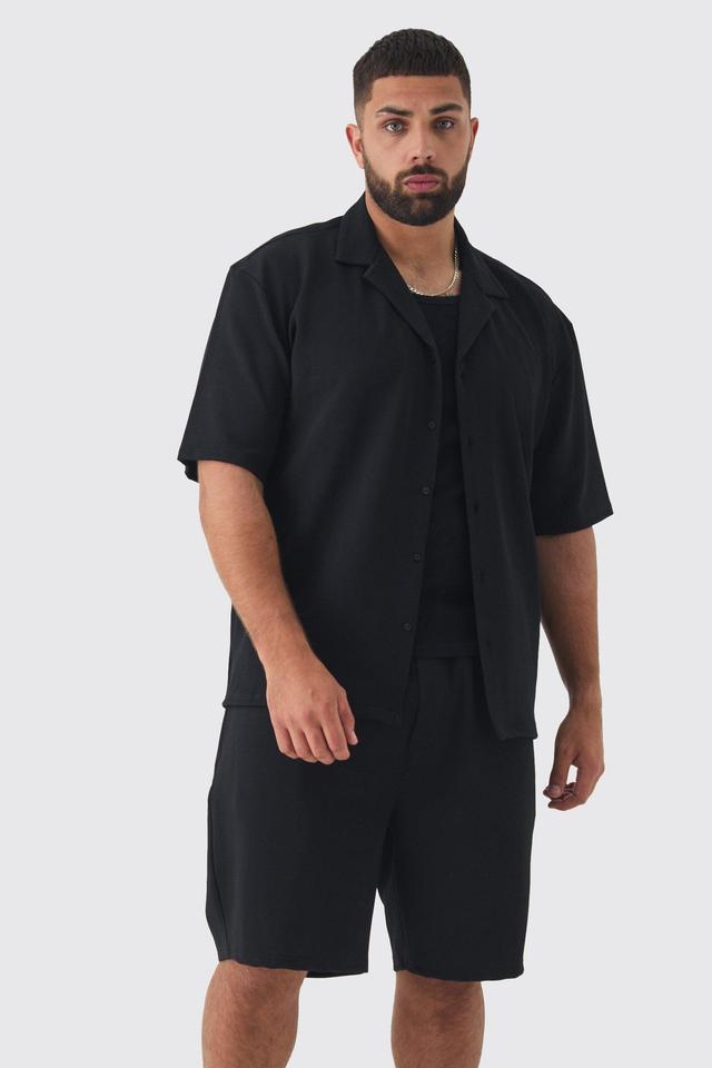 Plus Herringbone Detail Shirt & Short Set In Black | boohooMAN USA Product Image