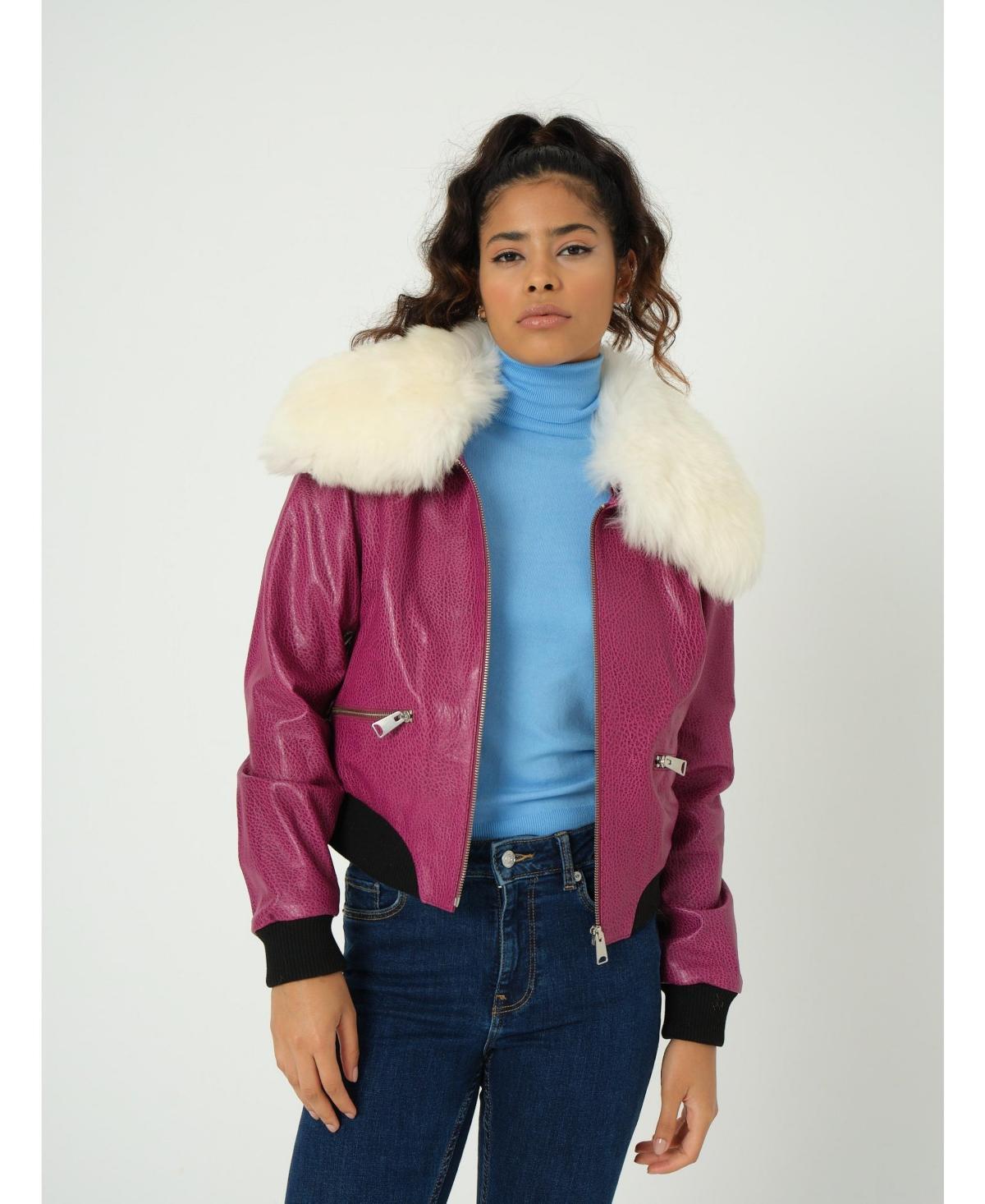 Furniq Uk Womens Detachable Natural Shearling Collar Bomber Jacket, Jumbo Pattern Fuchsia Product Image