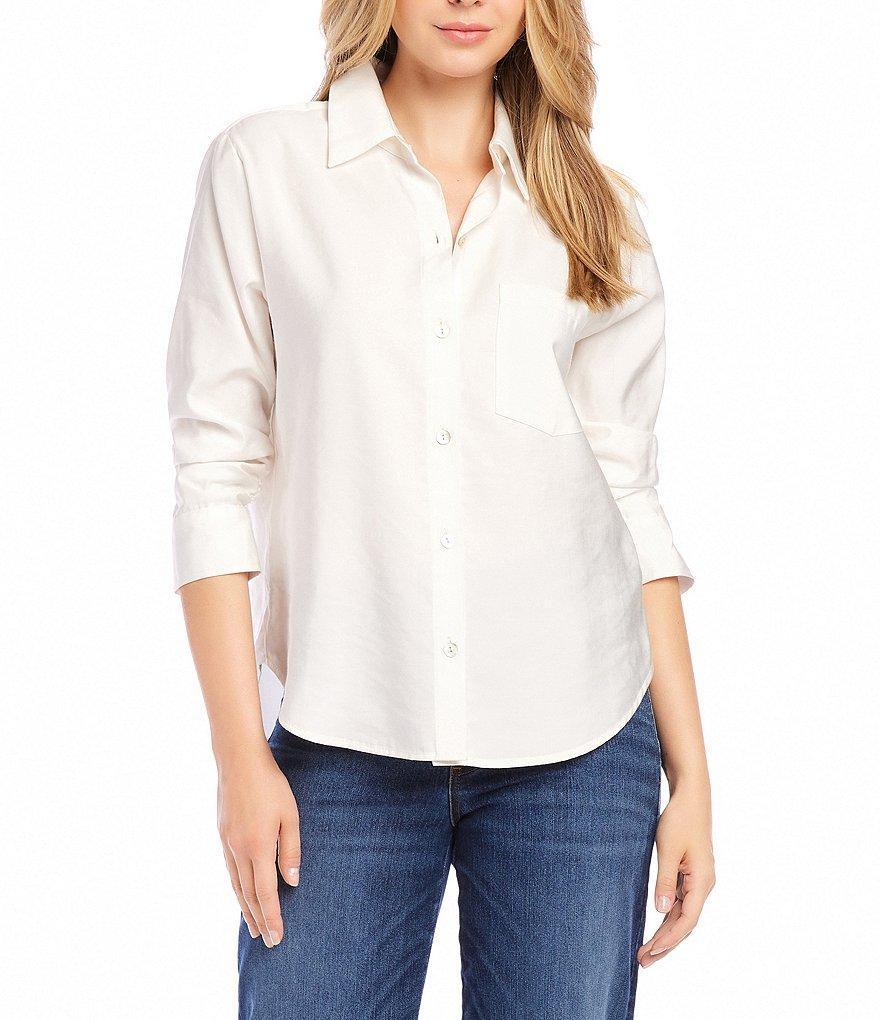 Karen Kane Button Down Collar 3/4 Ruched Sleeve Top Product Image