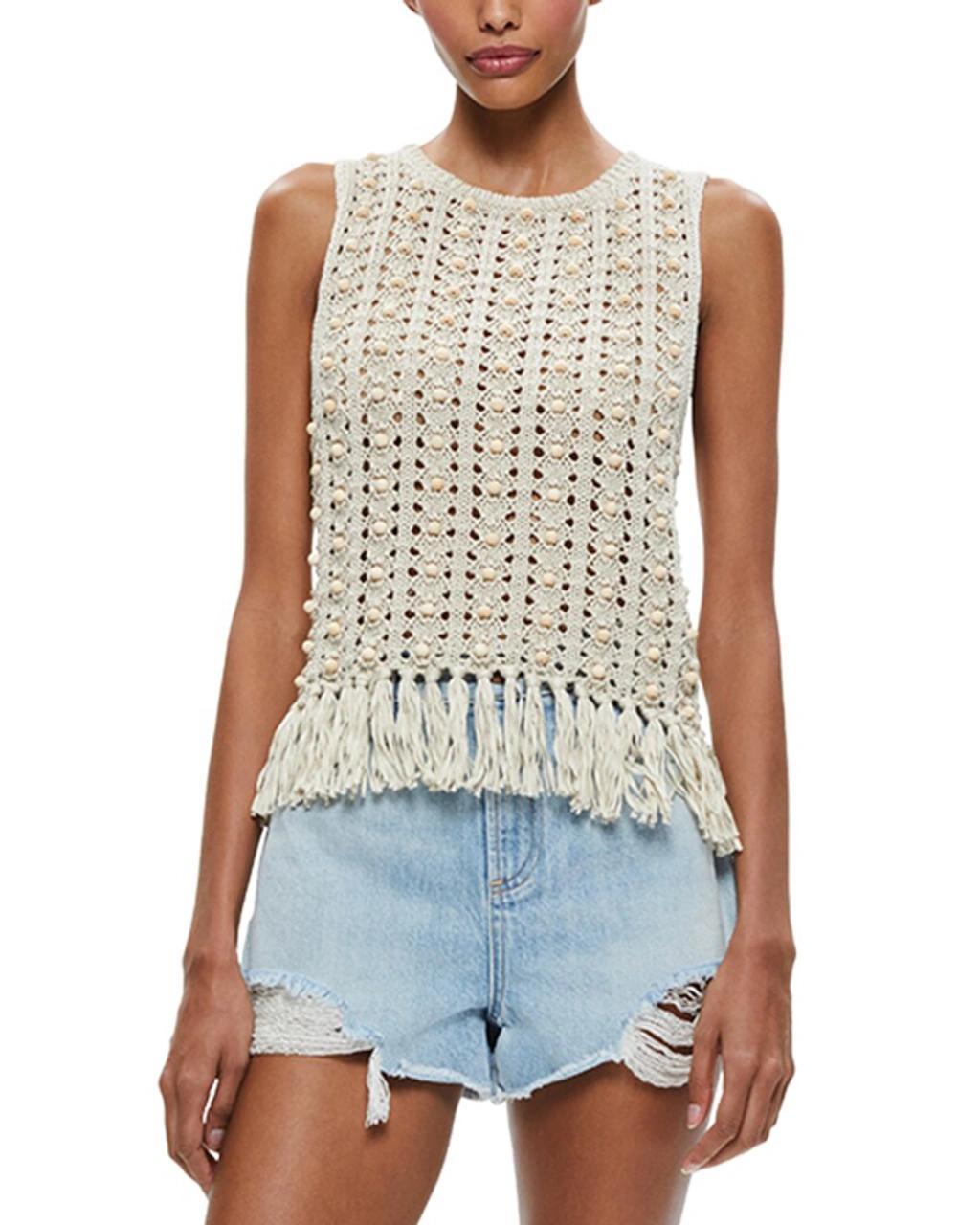 Bead-embellished Open-knit Top In White Product Image