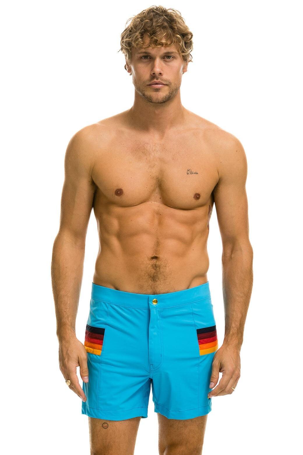 MEN'S HORIZONTAL 5 STRIPE FLEX SHORTS - NEON BLUE  product image