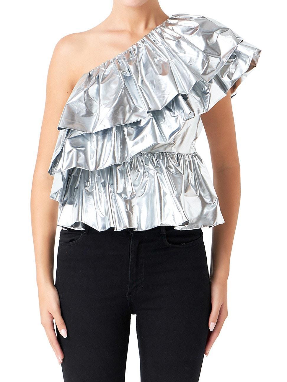 Endless Rose Metallic Tiered One-Shoulder Peplum Top product image