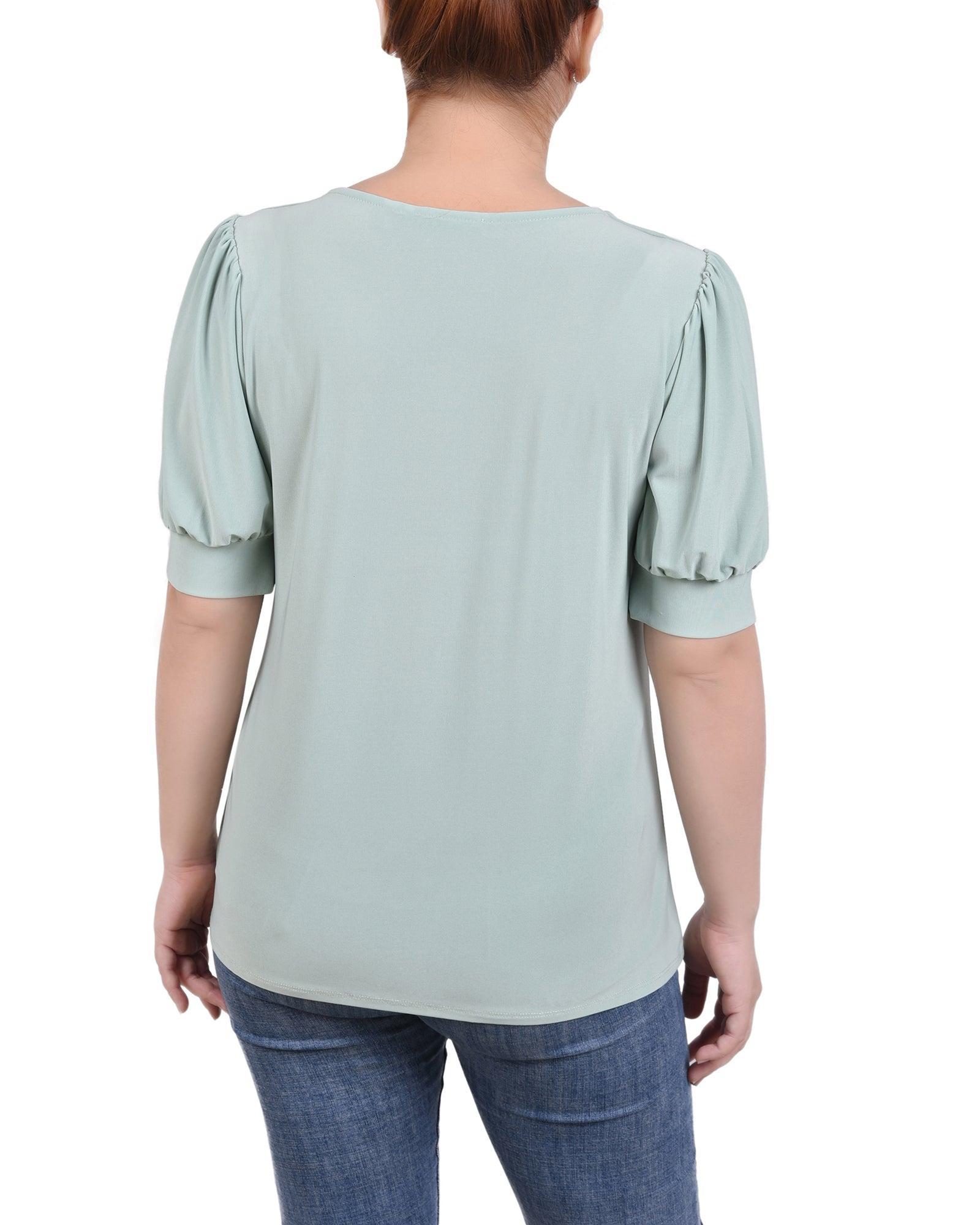 Short Sleeve Balloon Sleeve Top With Hardware - Petite Product Image