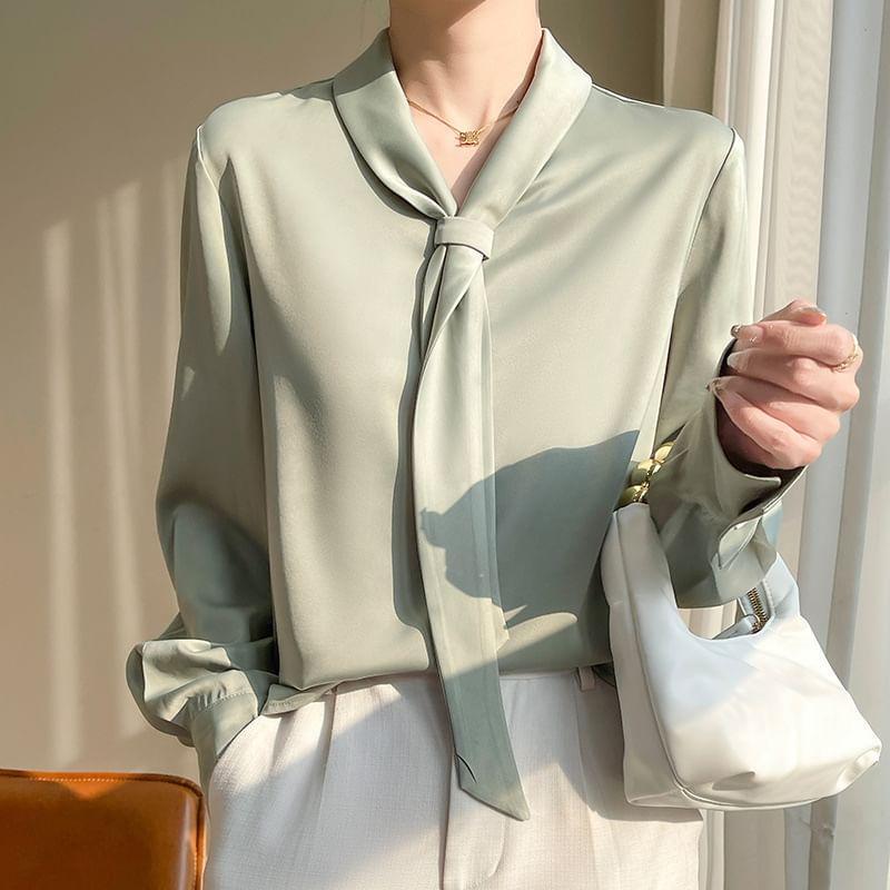 Long-Sleeve Tie Neck Plain Blouse Product Image