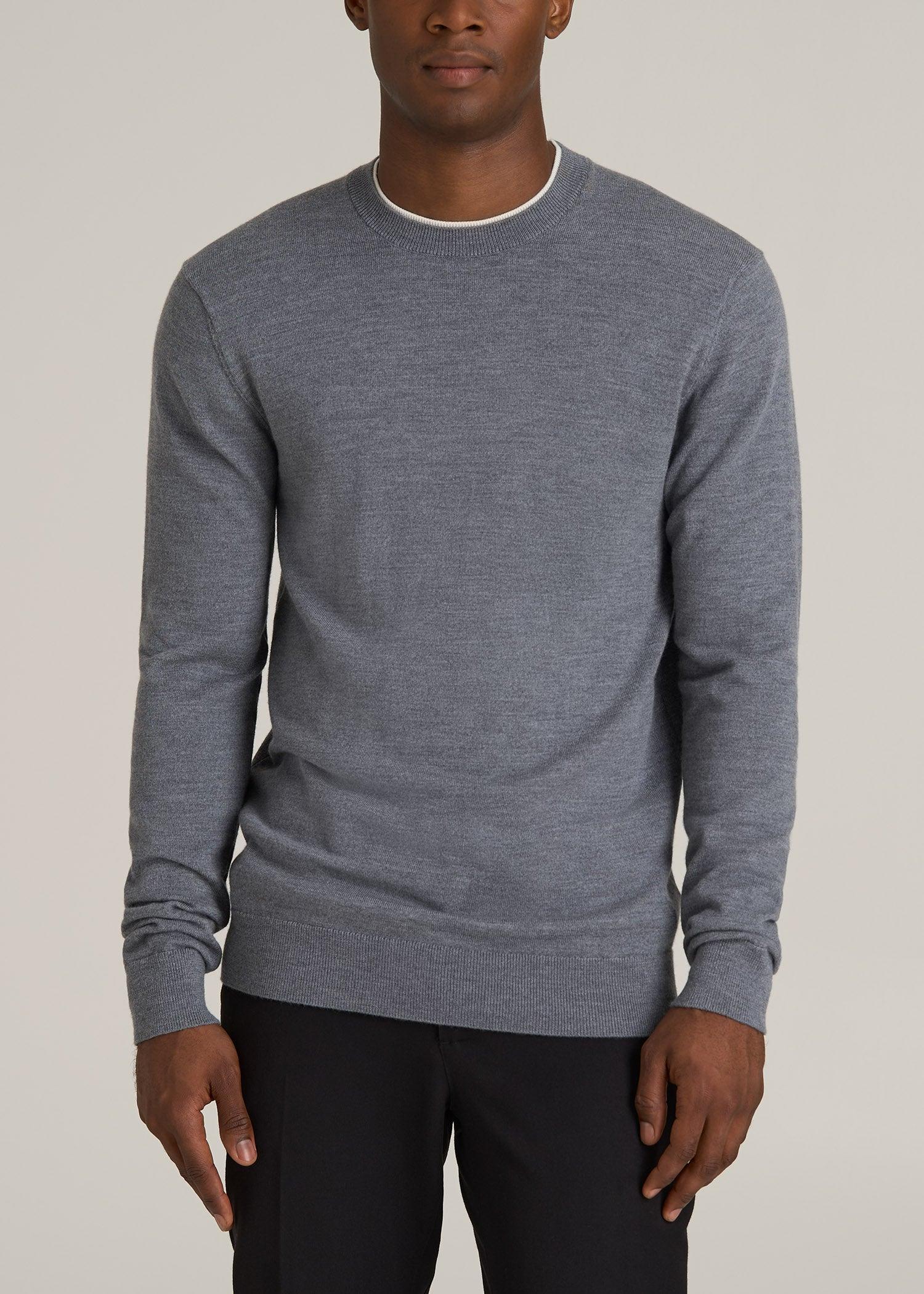 Merino Wool Crewneck Tip Sweater for Tall Men in Grey Mix Product Image