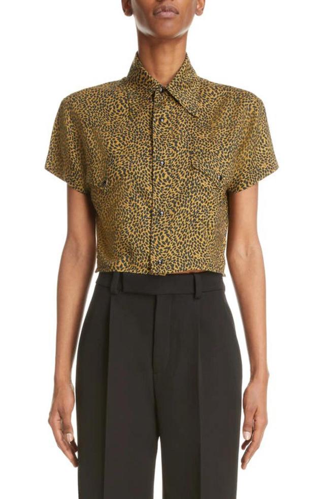 SAINT LAURENT Warped Leopard Print Short Sleeve Crop Snap-up Shirt Product Image