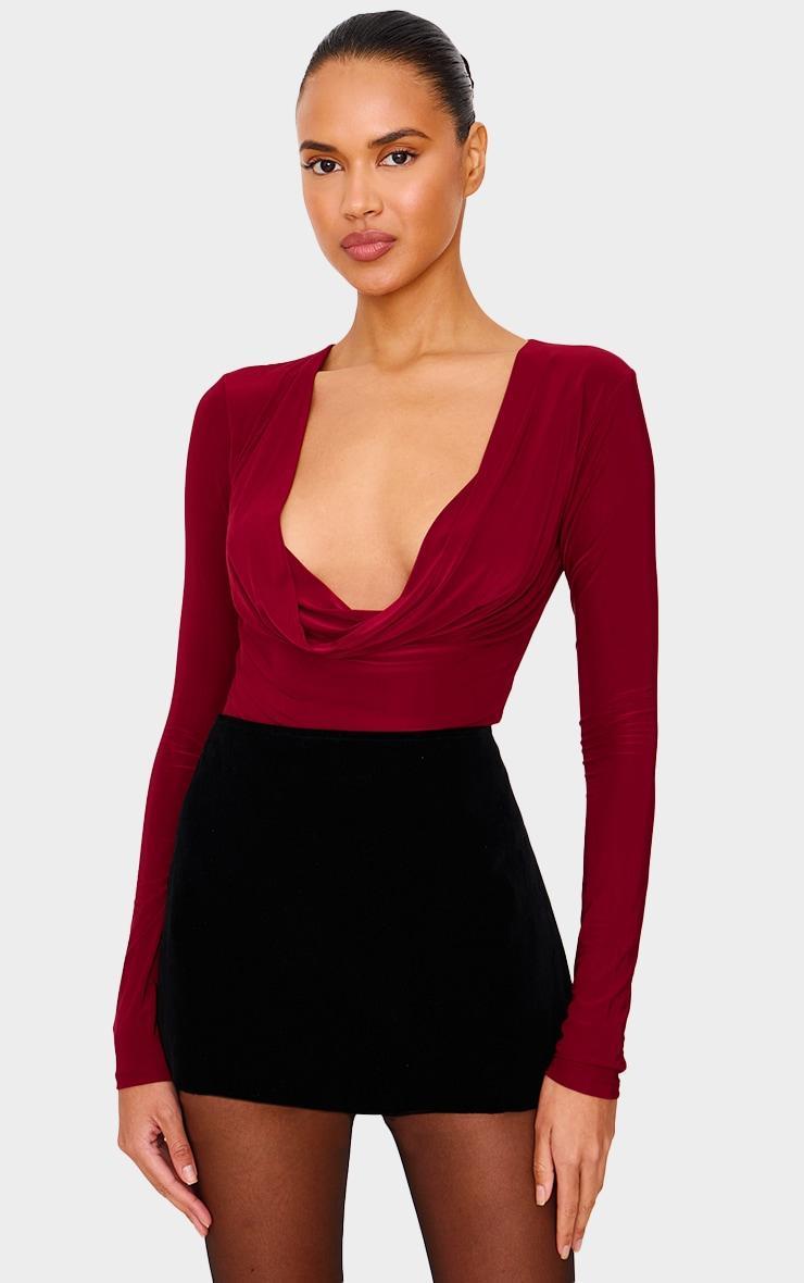 Burgundy Cowl Neck Slinky Long Sleeve Top Product Image