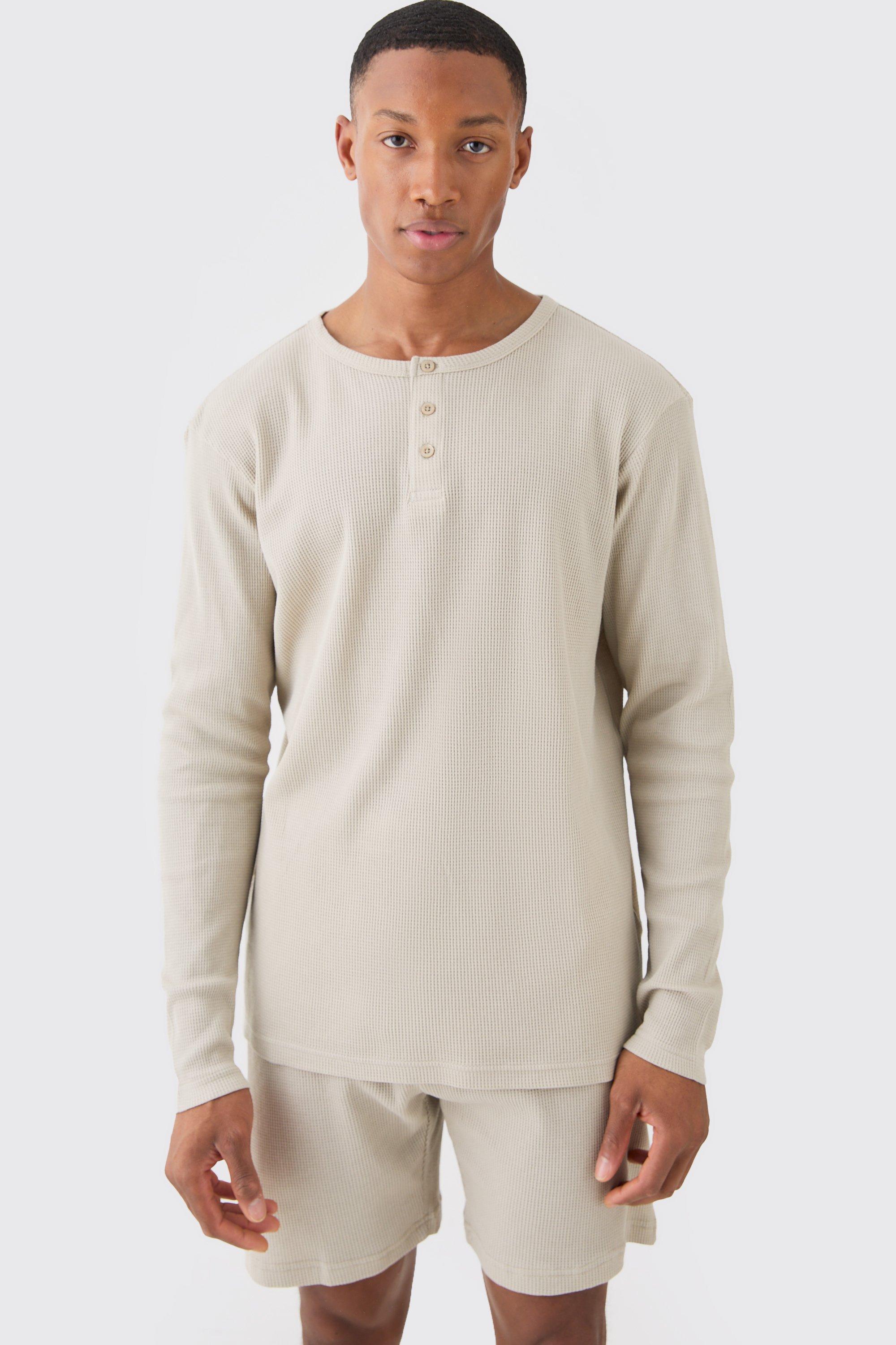 Waffle Button-up Long Sleeve Lounge Top In Stone | boohooMAN USA Product Image