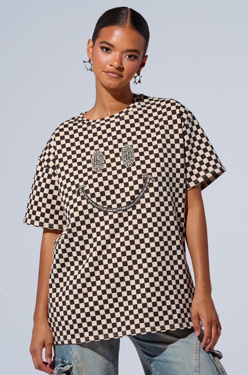 RHINESTONE SMILEY FACE OVERSIZED CHECKERED TSHIRT Product Image