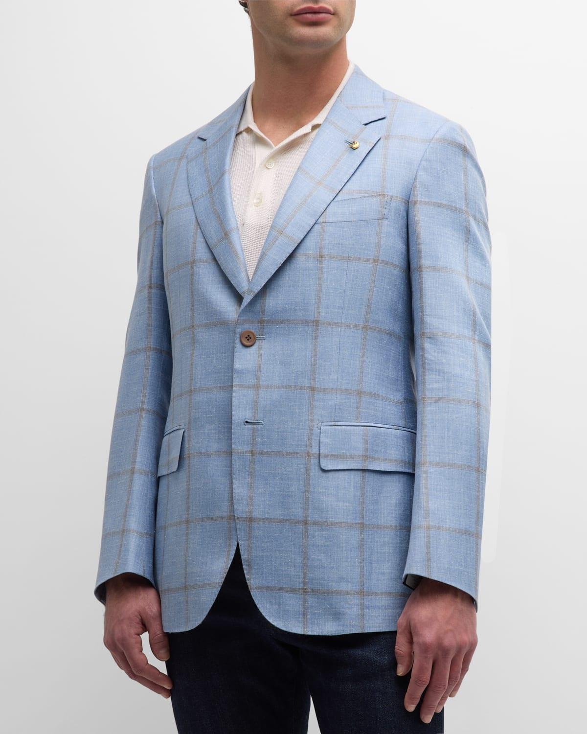 Mens Windowpane Single-Breasted Blazer Jacket Product Image