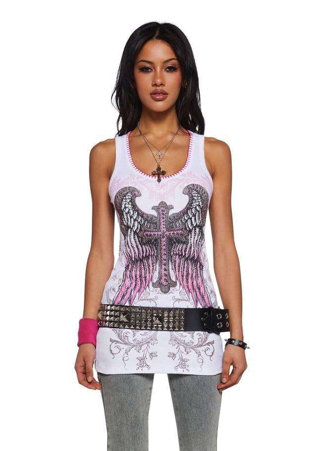 Stretchy Ribbed Knit Cross Eagle Wing Rhinestone Graphic Print Tank Top - White Product Image