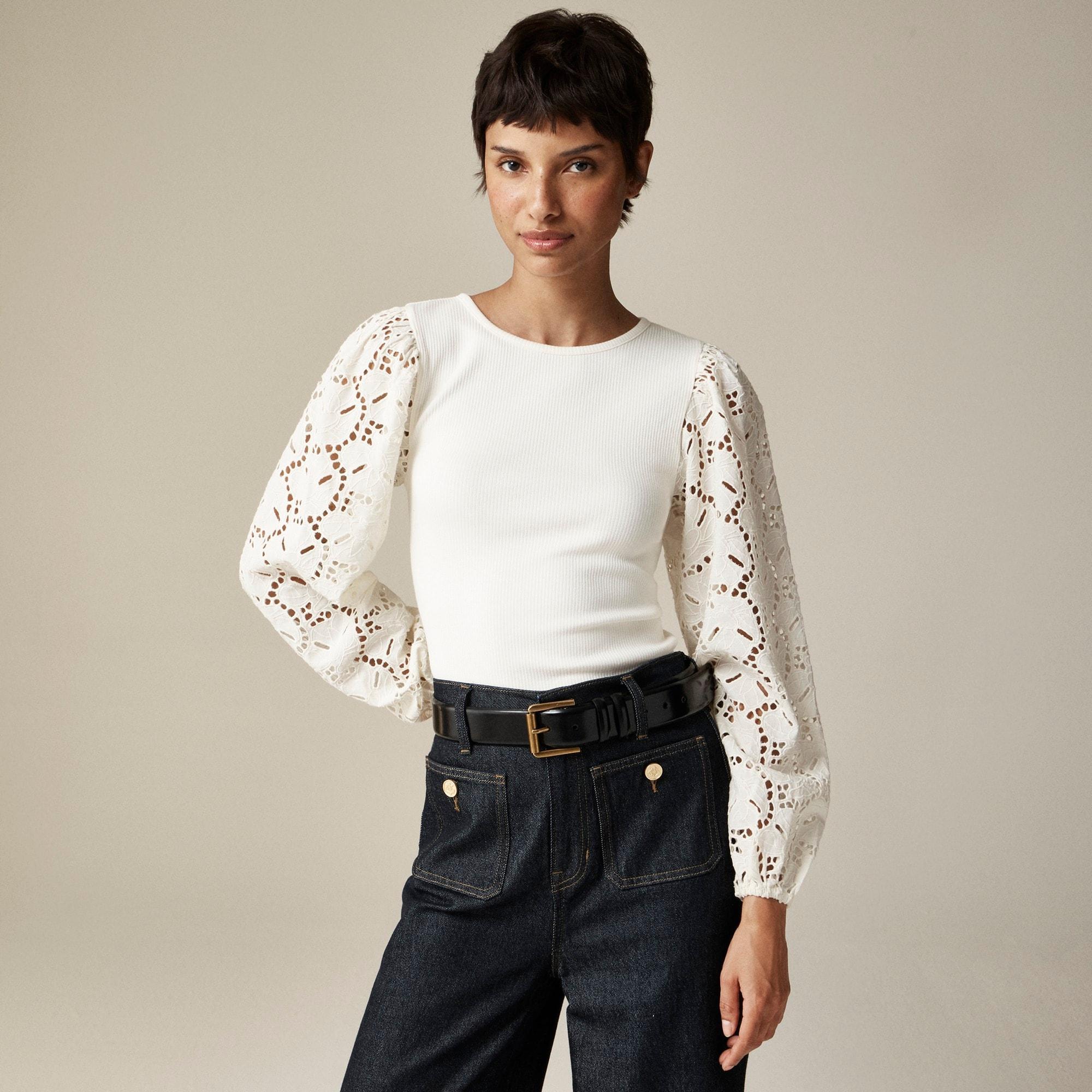 Vintage rib top with cotton poplin eyelet sleeves Product Image