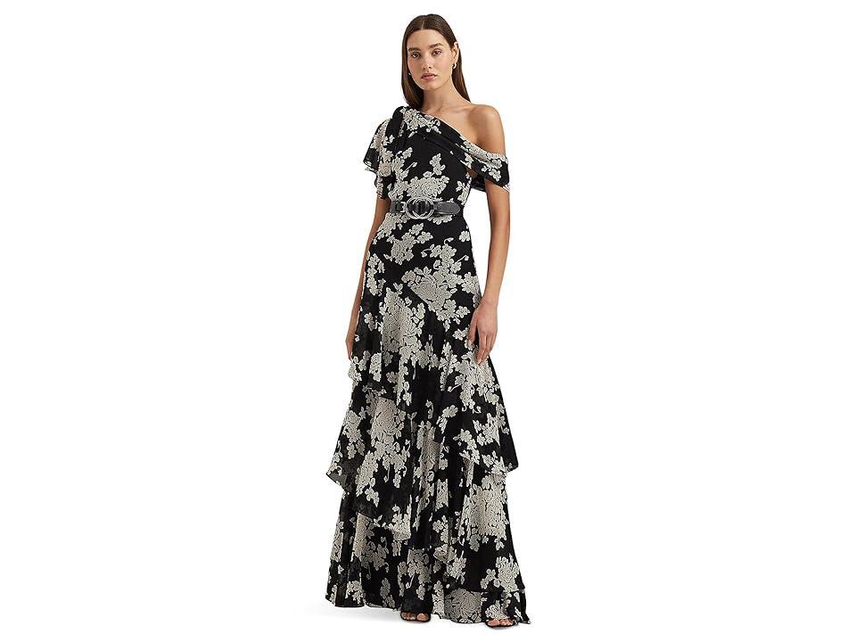 Lauren Ralph Lauren Floral Georgette One-Shoulder Gown Cream) Women's Dress Product Image