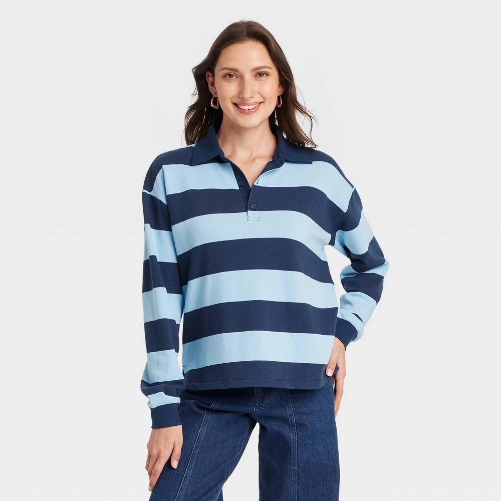 Womens Long Sleeve Polo Shirt - Universal Thread Navy Blue Striped M Product Image