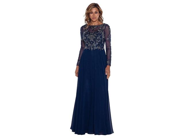 XSCAPE Long Sleeve Long Chiffon Skirt with Bead Top (Navy/Antique) Women's Evening Product Image