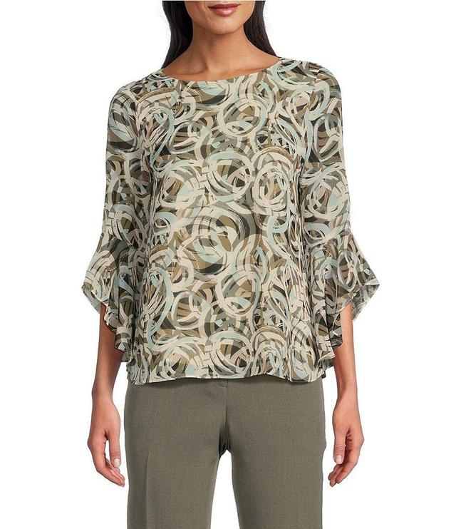 Kasper Abstract Print Crew Neck 3/4 Flutter Sleeve Blouse Product Image