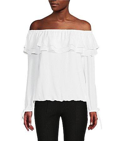 MICHAEL Michael Kors Liquid Crepe Double Layered Ruffle Off-the-Shoulder Long Sleeve Top Product Image