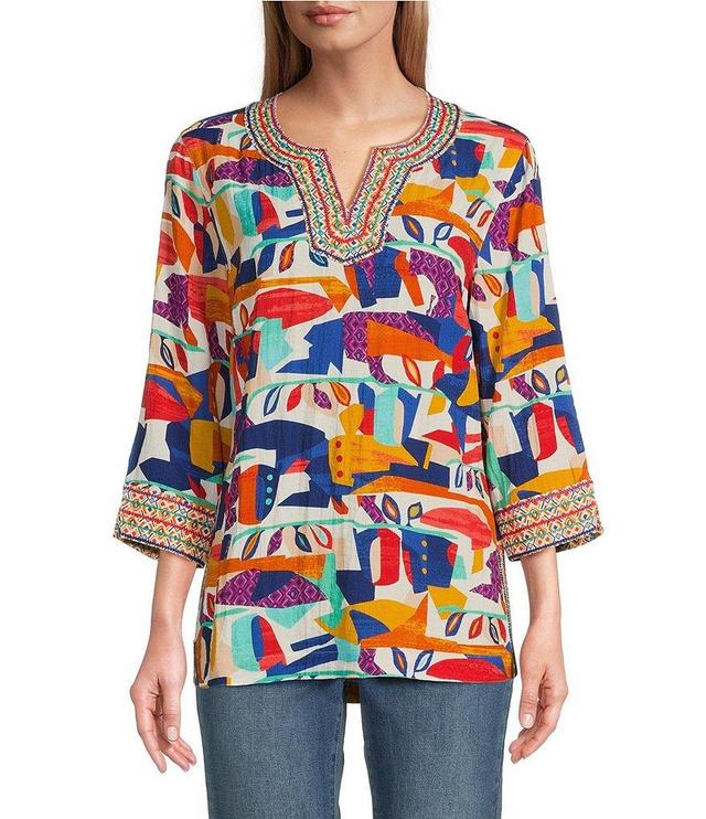 John Mark Geometric Print Embroidered Split V-Neck 3/4 Sleeve Tunic Product Image