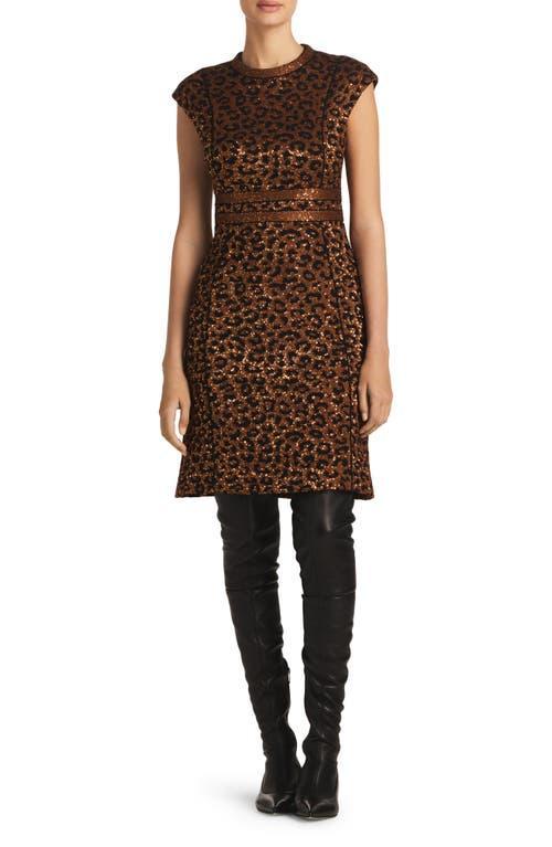 St. John Evening Sequin Leopard Jacquard Cap Sleeve Dress Product Image