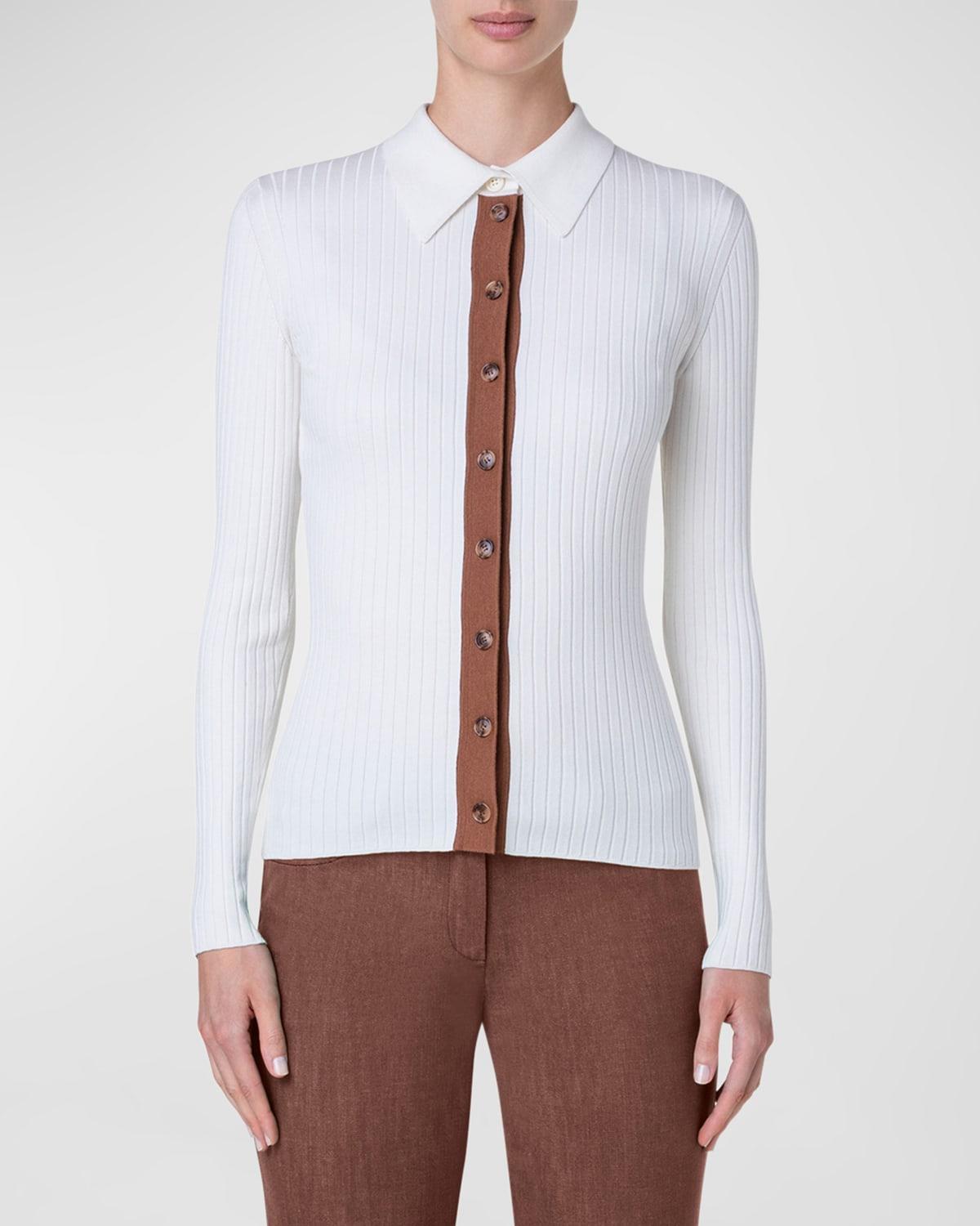 Akris Contrast Placket Cotton & Silk Blend Rib Cardigan product image