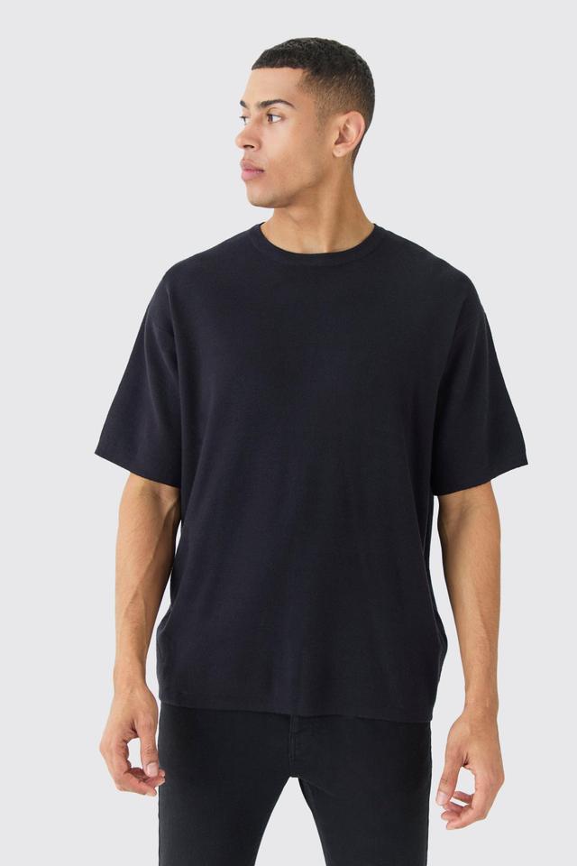 Mens Black Oversized Knitted T-shirt, Black Product Image