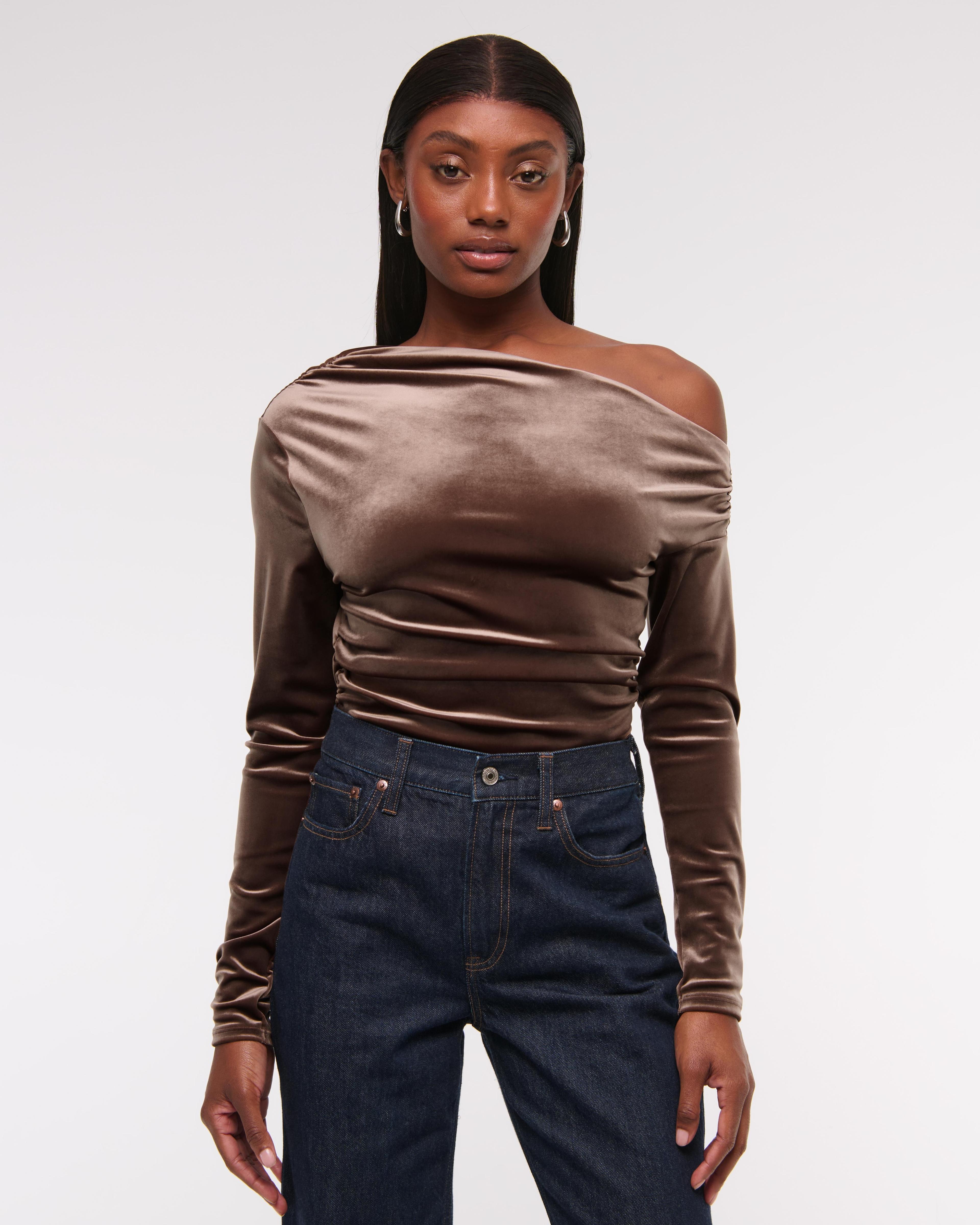 Long-Sleeve Off-The-Shoulder Draped Top Product Image