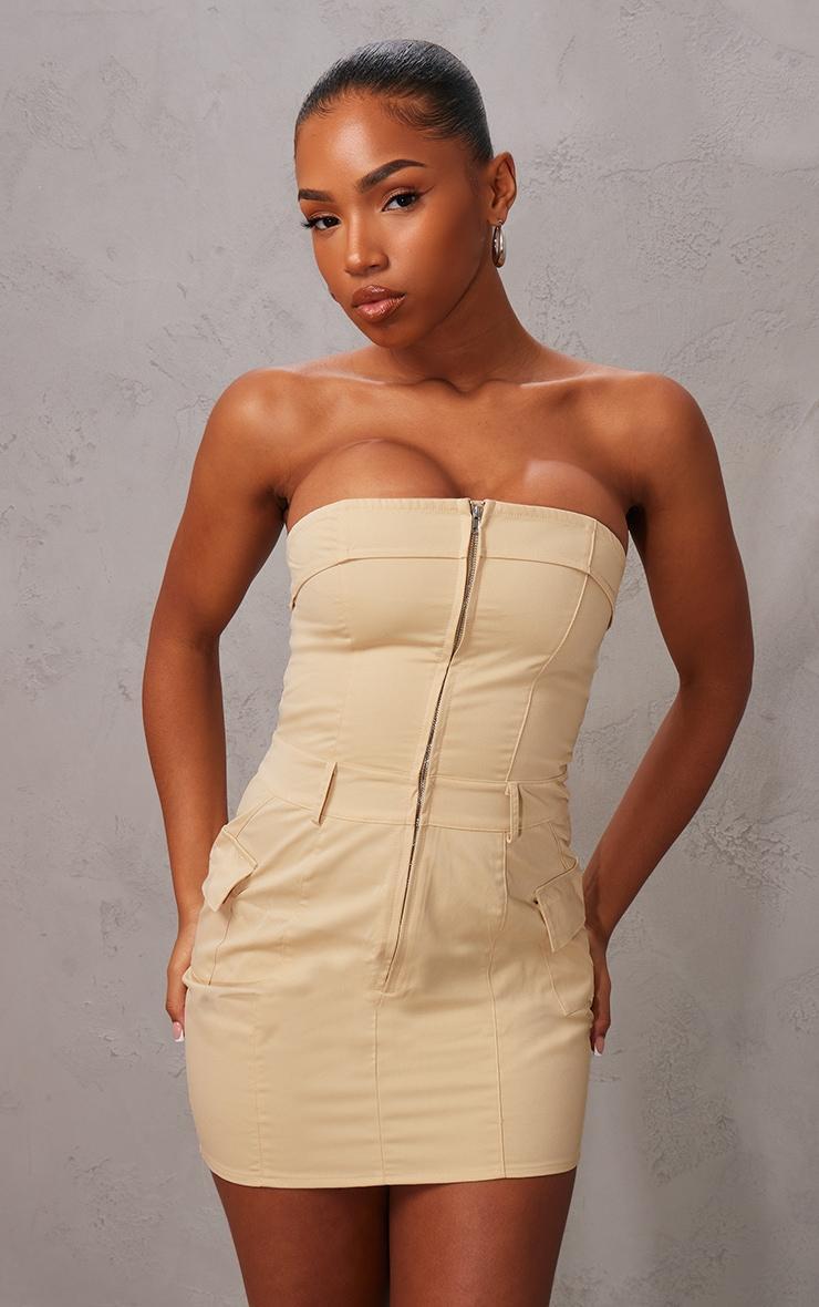 Camel Cargo Pocket Zip Up Bandeau Bodycon Dress Product Image