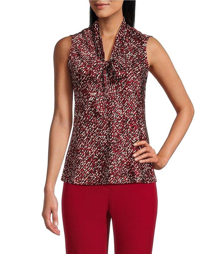 Kasper Abstract Printed Flat Satin Tie-Front Sleeveless Top product image