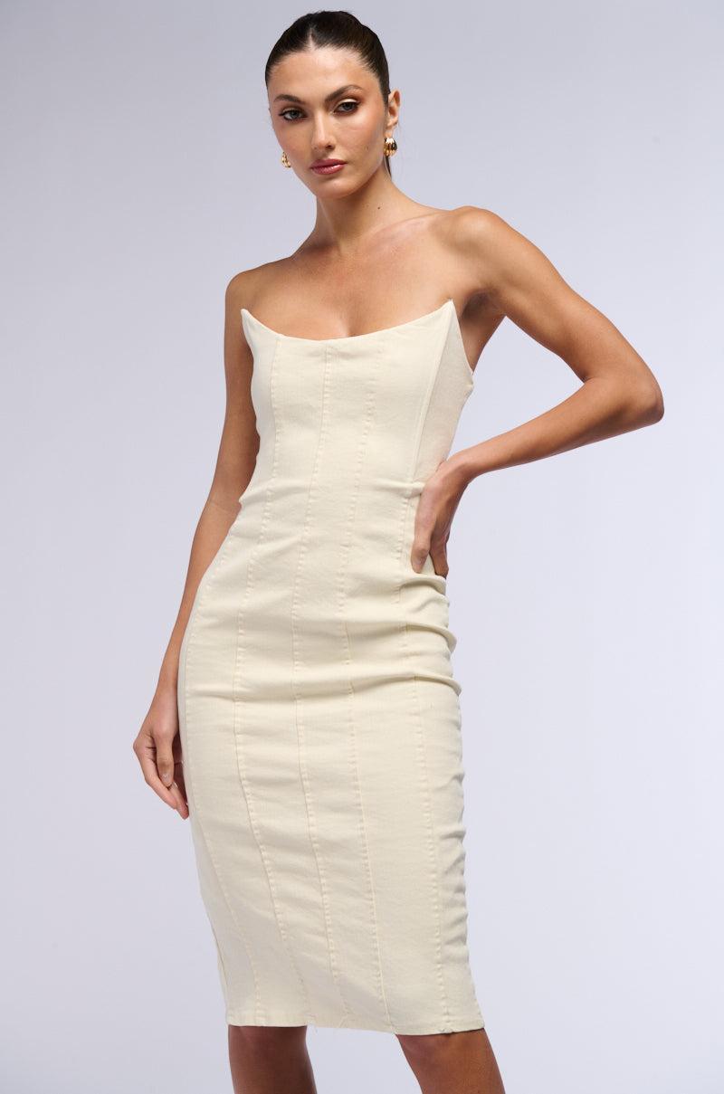 LIZA DENIM MIDI DRESS IN WHITE Product Image