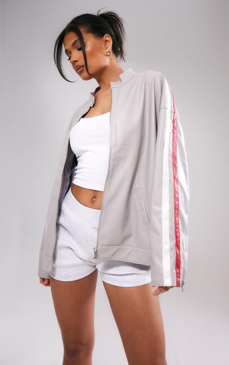 Grey Faux Leather Stripe Side Oversized Biker Jacket Product Image