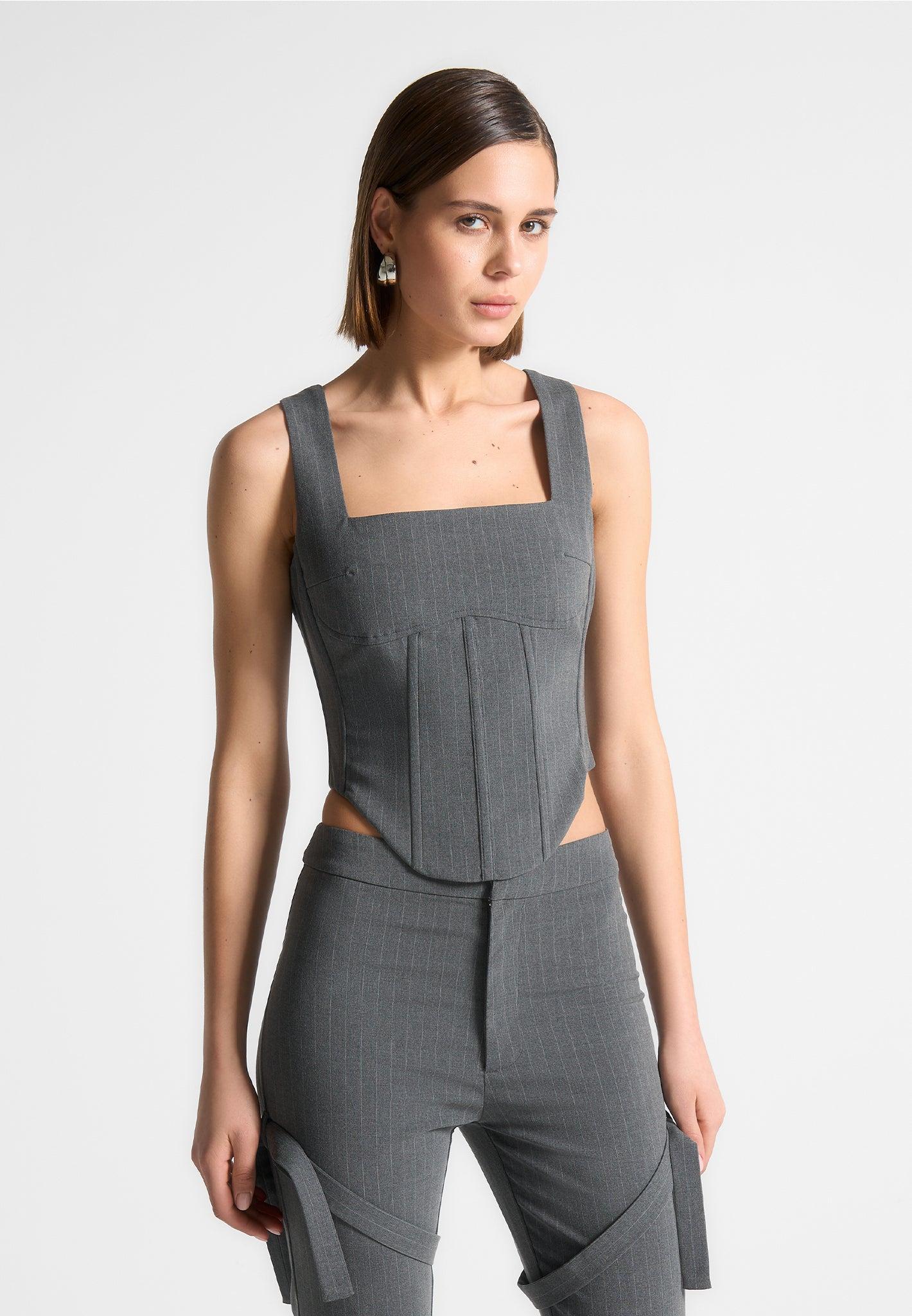 Square Neck Pinstripe Corset Top - Grey Female Product Image