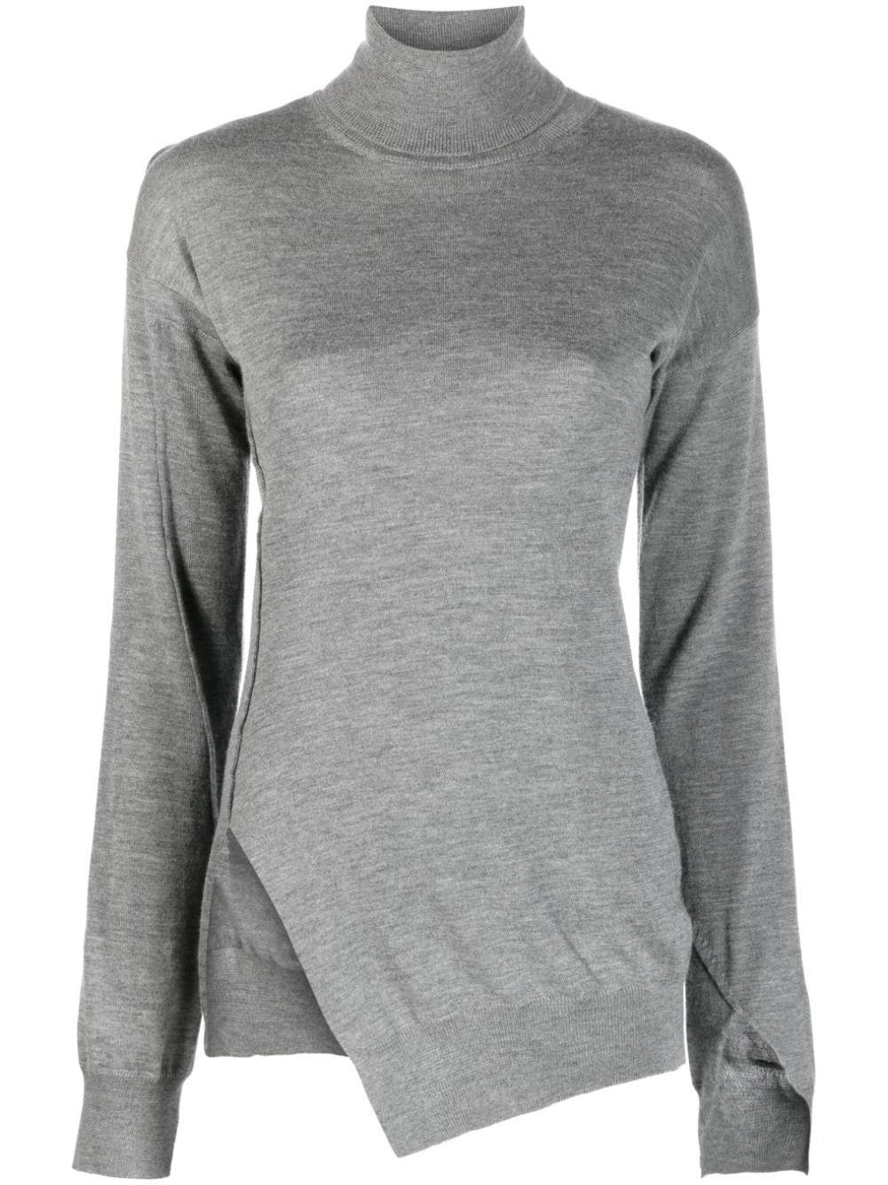 Roll-neck Asymmetric Knitted Top In Grey Product Image