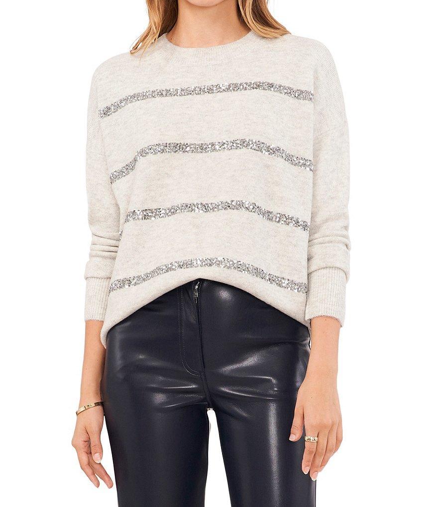 Vince Camuto Long Sleeve Crew Neck Sequin Stripe Cozy Knit Sweater Product Image