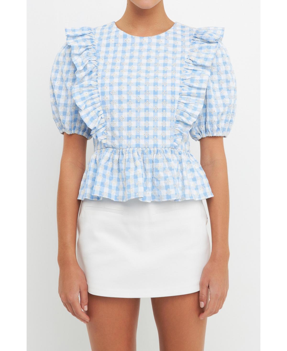 English Factory Womens Embroidered Gingham Checked Ruffle Top product image