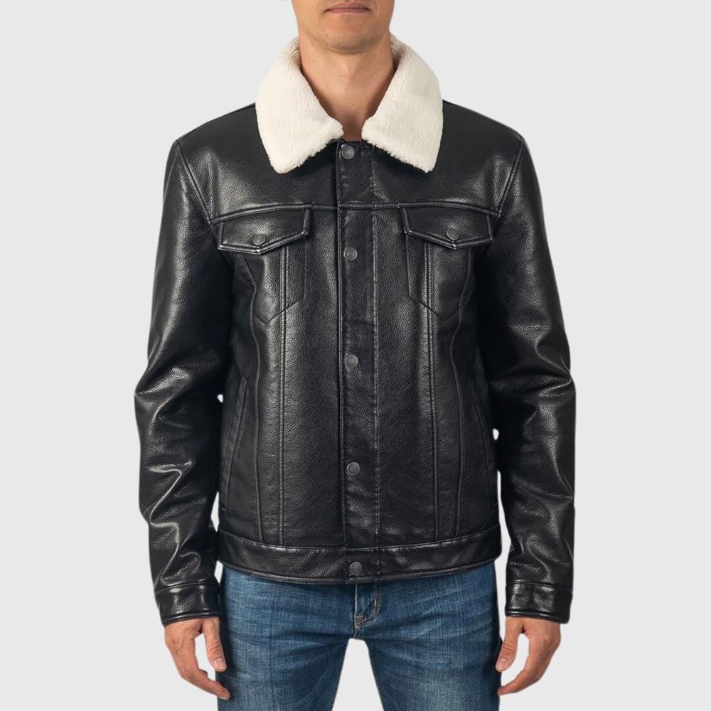 Alpine Swiss Aaron Mens Fitted Trucker Jacket Faux Fur Collar Vegan Leather Warm Casual Coat Product Image