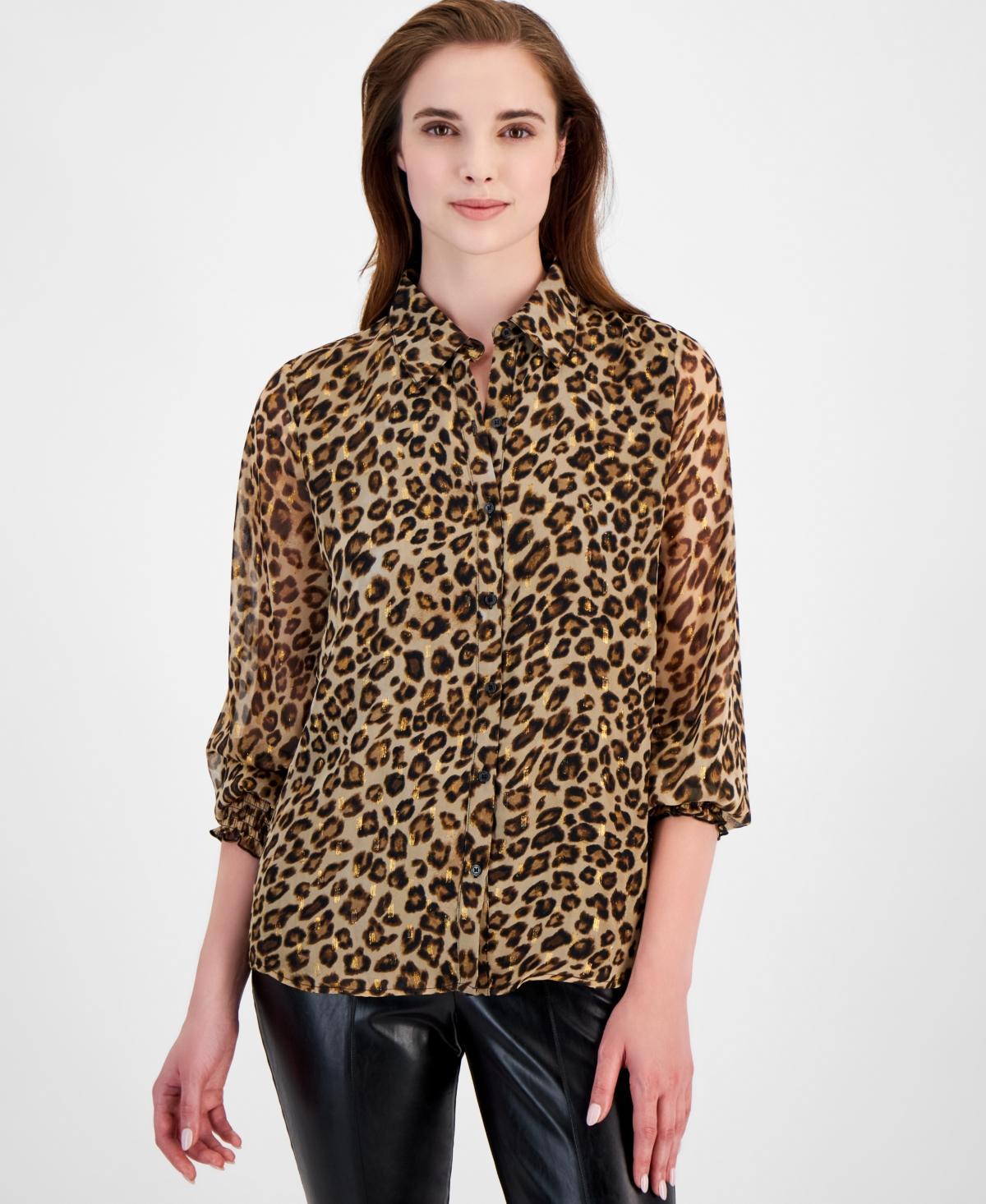 T Tahari Womens Animal-Print Button-Front Blouse product image