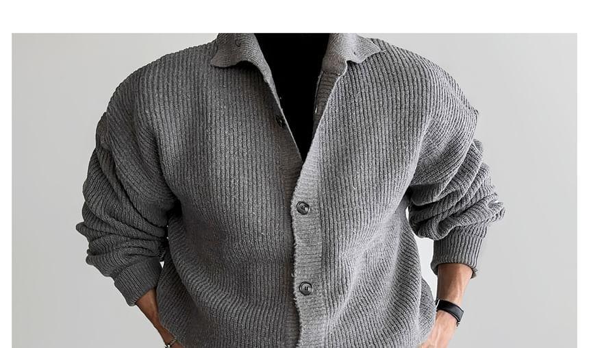 Drop Shoulder Collared Plain Button Down Knitted Cardigan Product Image