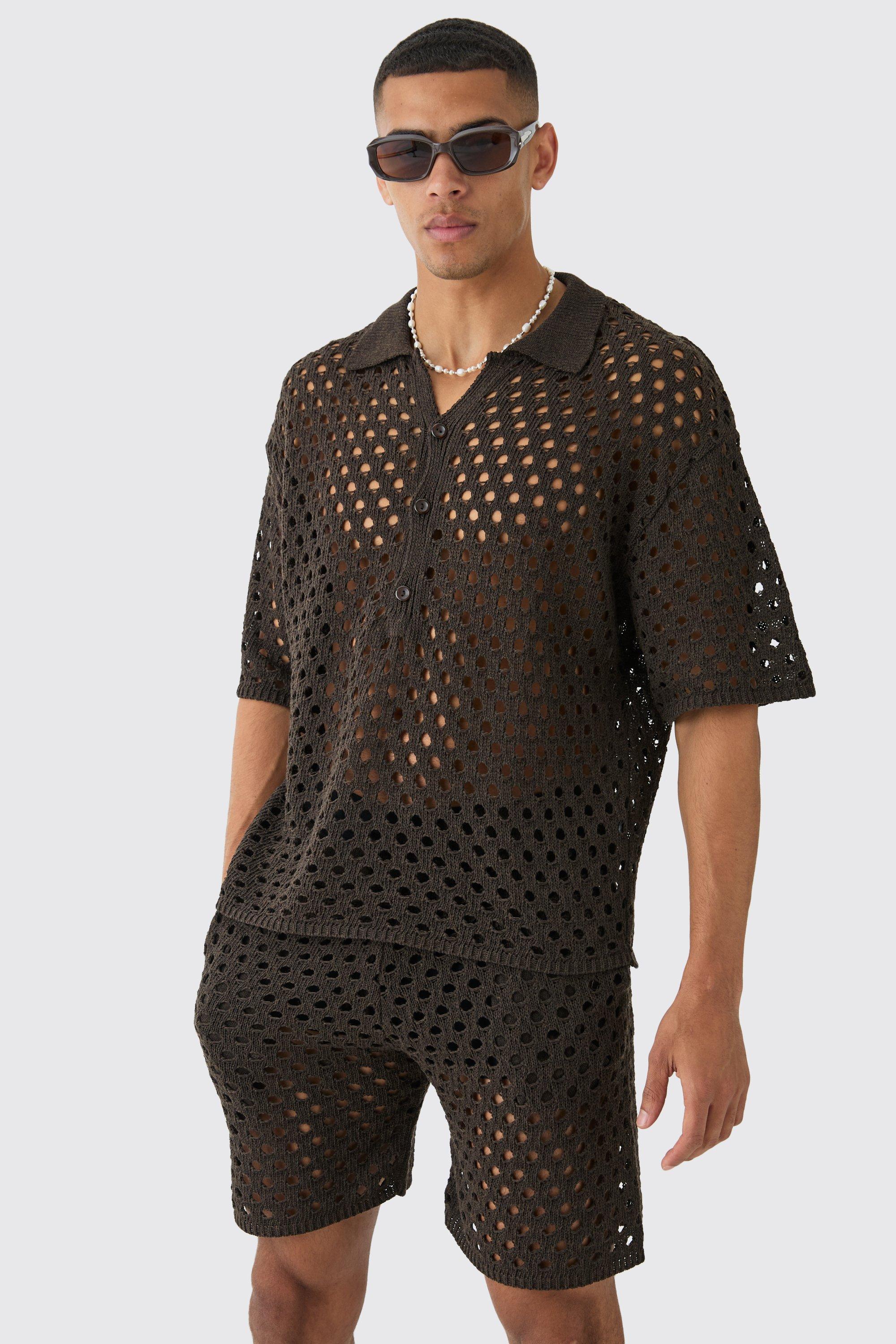 Oversized Open Stitch Knitted Short Set | boohooMAN USA Product Image